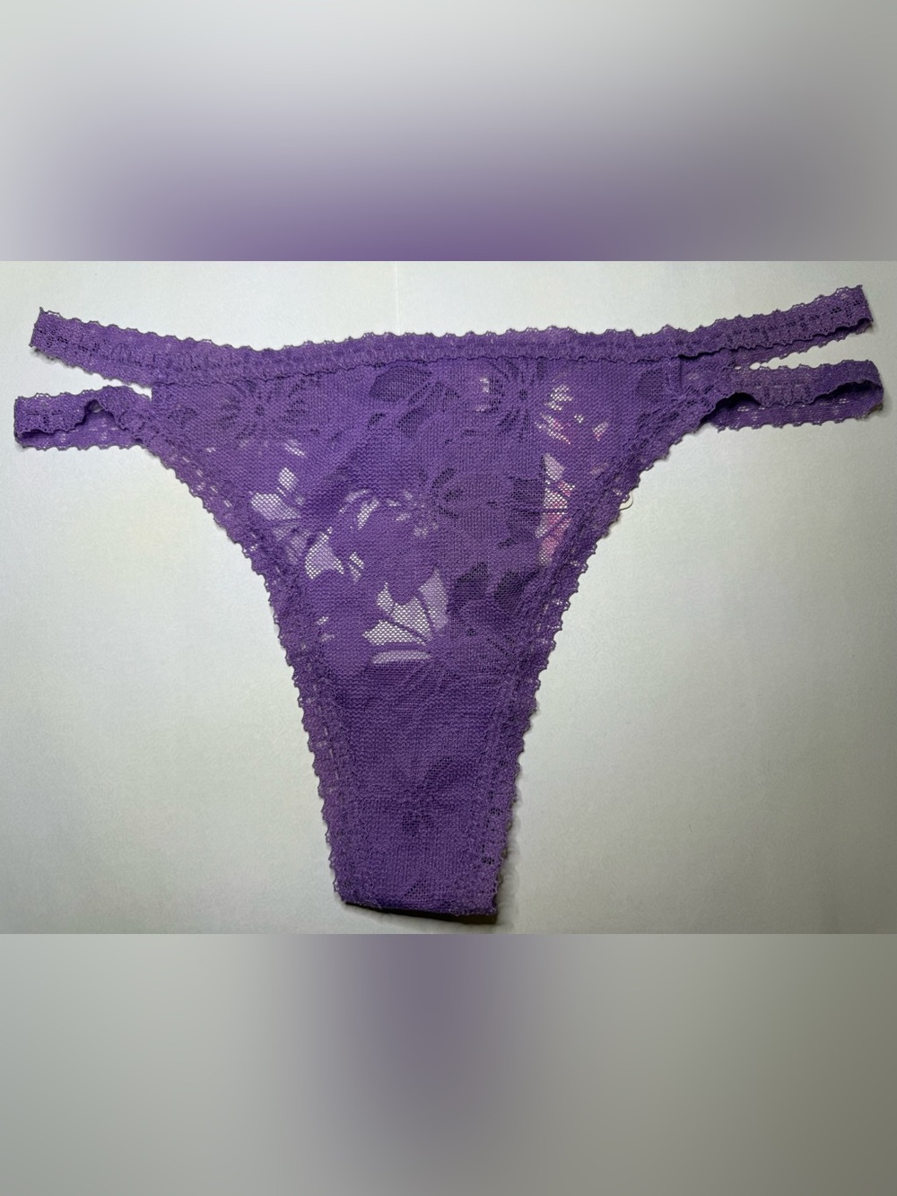 Pink Victoria's Secret Purple Floral Lace Thong with Double Straps Lavender M